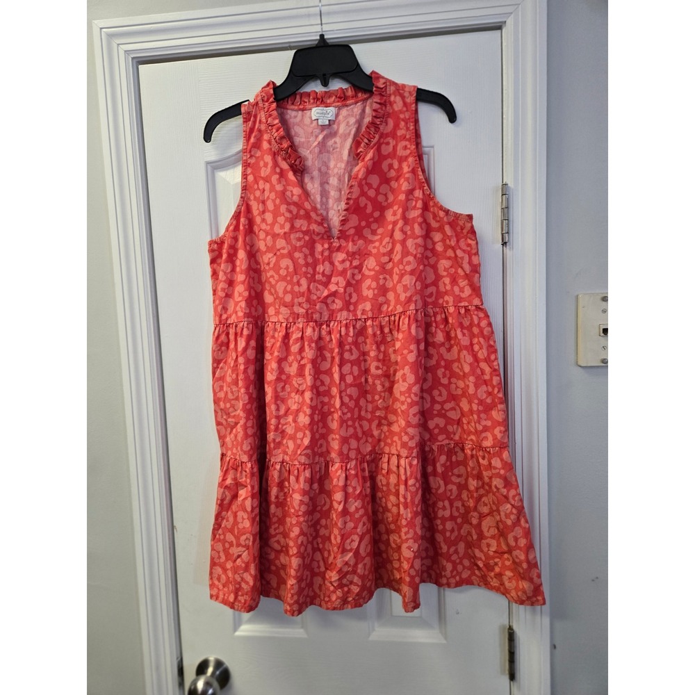 Mud Pie Coral Pink Leopard Print Tiered Cotton Babydoll Dress Large Resortwer